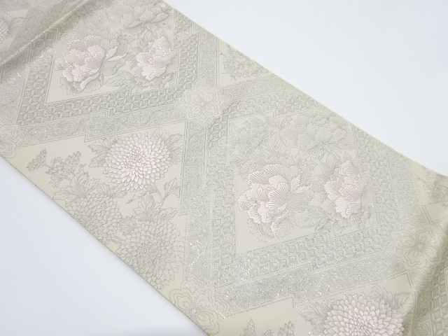 アンティーク　松皮菱に草花・七宝繋ぎ模様織り出し袋帯（材料）